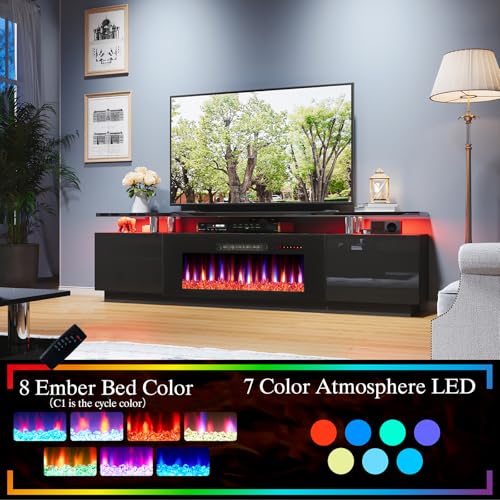 AMERLIFE Fireplace TV Stand with 40" Fireplace, 80" Modern Fireplace Entertainment Center LED Lights, 2 Tier TV Console Cabinet for TVs Up to 90", Obsidian Black - color: Black, size: 80"