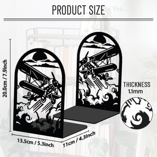 WADORN 1 Pair Airplane Metal Decorative Bookend for Shelves, Heavy Duty Book Ends Modern Non-Skid Books Holder Stand Black Book Support Stoppers for Desk Bookshelf Office Pilot Gift, 5.3x4.3x7.8 Inch - color: Airplane