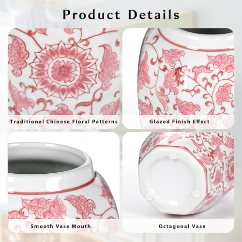 Pink Vase 8.5 Inch Traditional Chinoiserie Floral Vase Porcelain Ginger Jar Octagonal Vases Blue and White Porcelain Decor for Home, Living Room, Kitchen, Mantel, Shelf, Table - color: 8.5 Inch Pink