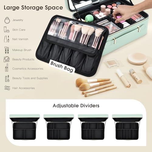 Leather Makeup Case with LED Lighted Mirror 11.4 Inch Travel Makeup Bag Adjustable Brightness in 3 Colors Cosmetic Organizer Artist Storage Bag with Dividers Brush Holder Storage Vanity Watery Blue - color: Watery Blue 11.4 Inch, size: 2-Medium