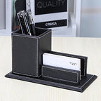 KINGFOM PU Leather Desk Organizer and Accessories, Pencil Holder for Desk with Business Cards Stand, School Office Supplies Collection Caddy Black - color: Black-M