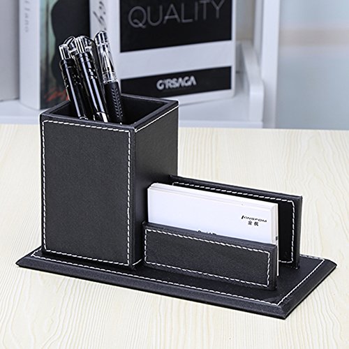 KINGFOM PU Leather Desk Organizer and Accessories, Pencil Holder for Desk with Business Cards Stand, School Office Supplies Collection Caddy Black - color: Black-M