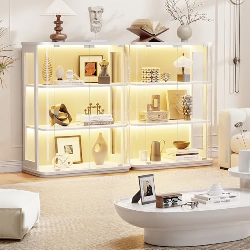 BROTTAR Rounded Display Cabinet with Glass Door, 3-Tier Curio Cabinet with 3 Color Lights for Collectibles, Glass Display Case with Transparent Full-Display Surface, Human Body Sensor, White - color: White