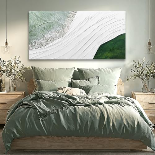 Hue7Art Modern Abstract Landscape Canvas Wall Art in White and Soft Green Tones, Flowing Line Texture Artwork Inspired by Nature for Living Room Bedroom Wall Decor 24x48 Inch - color: White and green, size: 48"L x 24"W