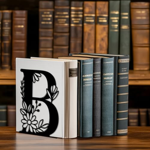 Peacoblue Metal Bookends for Shelves, Modern Decorative Heavy Duty Study Book Ends Stoppers for Office, Desk, Shelf, Room 5.3"x4.3"x7.1" Cast Iron Simple Tall Bookends 1 Pair (Letter B with Flower) - style: Letter B with Flower
