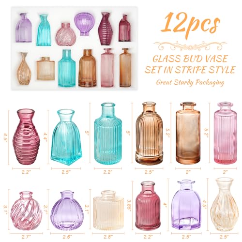 12PCS Mixed Colored Bud Vases Small Glass Vases for Flowers Colorful Vintage Flower Vase for Centerpieces Aesthetic Glass Bottles Bulk Wedding Baby Shower Home Decorations Gifts - color: Color Series, size: 1 Pack