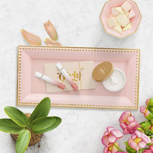 2 Pack Pink Bathroom Vanity Tray for Countertop with Beads, Small Plastic Toilet Tank Versatile Storage Organization Tray for Makeup, Perfume, Desk, Kitchen, Candles, 14"x7"x1", 36P - color: 17pink