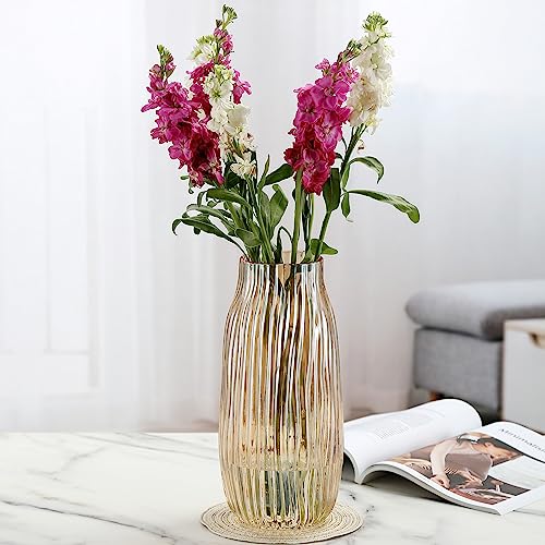 Large Amber Glass Vase for Home Decor Ribbed Tall Gold Floor Vase 12.0" Decorative Vases for Table Centerpieces Flowers Decor and Farmhouse(Brown 8.0in) - color: Amber, size: H-12.0IN