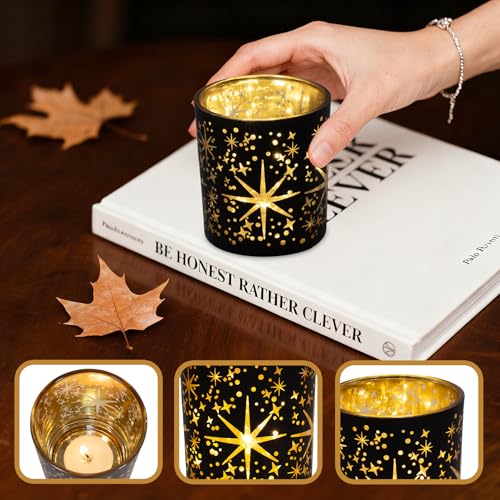 Votive Candle Holders Black and Gold, Glass Tealight Candle Holder Set of 3 with Stars Pattern, Vintage Tea Light Holders for Christmas Table Centerpiece Birthday Party Vanlentine's Day