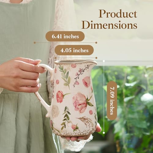 Vintage Fruit and Floral Ceramic Vase with Handle, Retro Ice Glazed Crack Farmhouse Pitcher Vase for Home Decor, Living Room, Shelf, Office, Rustic Table Centerpiece 7 Inch - color: Floral and Fruit, size: Small Pitcher