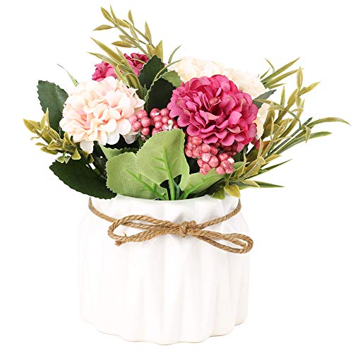 SUPNIU Artificial Hydrangea Bouquet with Small Ceramic Vase Fake Silk Variety Flower Balls Flowers Decoration for Table Home Party Office Wedding (Pink) - color: Pink