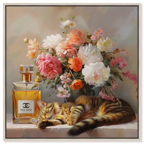 Art Remedy Cat Floral Vase Perfume Canvas Fashion Pet Art, Silver Frame, 24" x 24" - color: Silver Frame, size: 25"L x 25"W