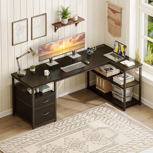 AODK 55 inch L Shaped Computer Desk with Drawers, Reversible Computer Desk with Storage Shelves, Home Office Desk with Built-in Power Outlet, Black - color: Black, size: 55 Inch
