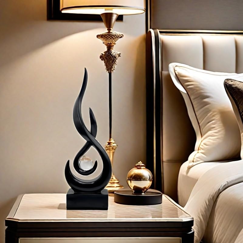 Modern Flame Sculpture Decor Flame Statue with Glass Ball Resin Abstract Art Figurines Centerpiece Sculpture for Home Decor Living Room Stand Coffee Table Office Decor (Medium Black) - color: Medium Black
