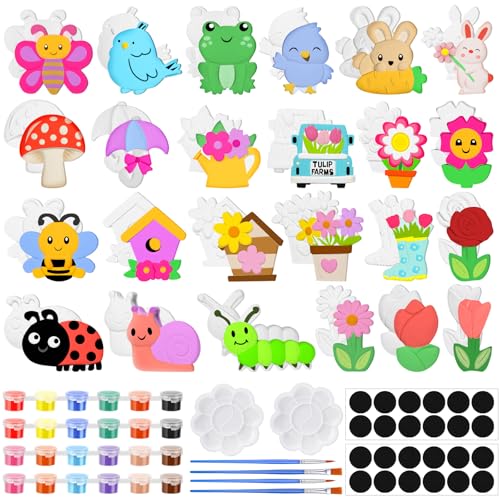 WinnerWhy 24 Set DIY Spring Garden Ceramic Crafts Kit Paint Your Own Figurines Ready to Paint Bisque Figurines Crafts Arts with 24 Magnets 4 Brushes and 2 Palette Ceramic Painting Kit for Adults - style: Flower