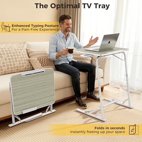 FoldWise Upgraded Folding TV Tray Table - Extra Large & Sturdy Laptop Table for Couch, Height & Angle Adjustable Desk for Dinner, Work & TV - Includes Footrest, Cup Holder, iPad Holder & Edge Stopper - color: (White) - Bright Wood