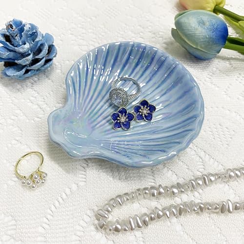 Shell Jewelry Dish Tray for Women, Ceramic Seashell Jewelry Ring Holder Dish, Jewelry Plate Trinket Dish for Necklace, Earring, Ring, Mother's Day Christmas Gift, 3.9", Sky Blue Iridescent Surface - color: Sky Blue