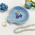 Shell Jewelry Dish Tray for Women, Ceramic Seashell Jewelry Ring Holder Dish, Jewelry Plate Trinket Dish for Necklace, Earring, Ring, Mother's Day Christmas Gift, 3.9", Sky Blue Iridescent Surface - color: Sky Blue