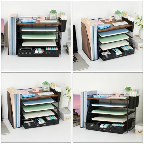 OPNICE Desk Organizer, 5-Tier Paper File Organizer with Drawer & Pen Holder, Office Desk Accessories, Workspace Desktop Organizer for Office Supplies(Brown Wood) - color: Brown Wood, size: 5-Tier