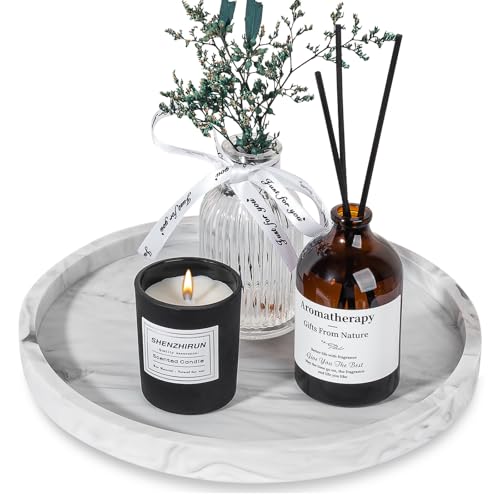 Silicone Bathroom Tray Round Vanity Tray Decorative Soap Holder Kitchen Countertop Organizer Coffee Table Decor for Candle, Perfume, Plant, 9 Inch, Marble Grey - color: Marble Grey, size: 9"