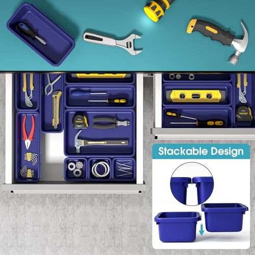 10 PCS Drawer Organizer Set, 4 Size Makeup Drawer Divider Organizer With Non-Slip Pads, Interlocking Plastic Storage Bins for Office,Jewelry Vanity,Gadgets, Bathroom,Kitchen, Navy - color: Navy, size: 10Pack