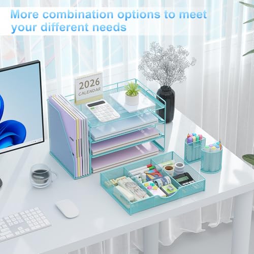 gianotter Desk Organizers and Accessories with File Holder, 4-Tier Desk Accessories & Workspace Organizers with Drawer and 2 Pen Holder, Paper Organizer for Office Supplies (Blue) - color: Blue