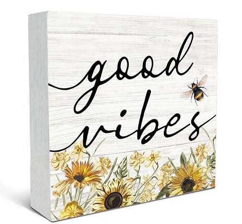 SRADMO Inspirational Bee and Sunflower Decor Wood Box Sign Desk Decor, Summer Rustic Wooden Block Box Sign Decoration For Home Office Shelf Table Decorative Accessories - color: Yellow flower, size: 5″×5″