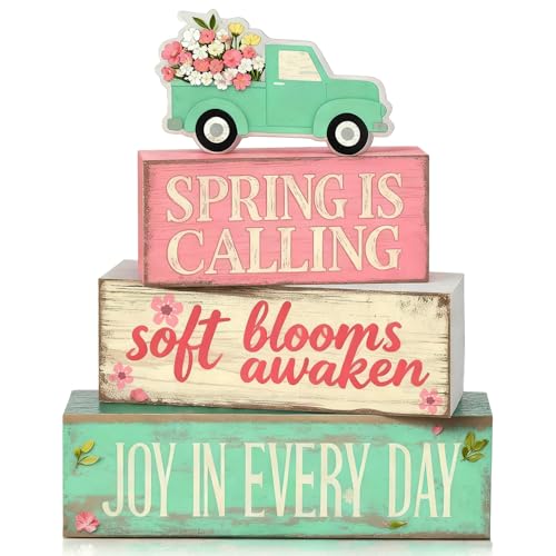 Spring Decoration Wooden Tiered Tray Decor – Floral Spring Pickup Truck Stacked Block Sign with Blooming Flower Topper – Farmhouse Tabletop Spring Decor for Shelf Mantel Seasonal Home Display - style: Spring Truck
