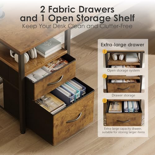 AODK 63 inch L Shaped Computer Desk with Drawers, Reversible Computer Desk with Storage Shelves, Home Office Desk with Built-in Power Outlet, Rustic Brown - color: Rustic Brown, size: 63 Inch