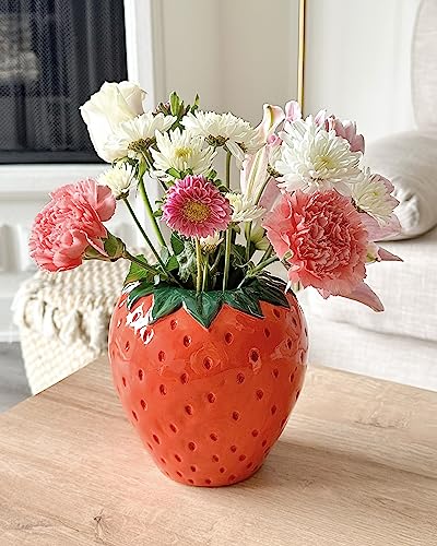 ban.do Vintage Inspired Strawberry Vase, Decorative Ceramic Vase, Large Flower Vase, Unique Strawberry Decor for Home/Kitchen/Office - color: Strawberry