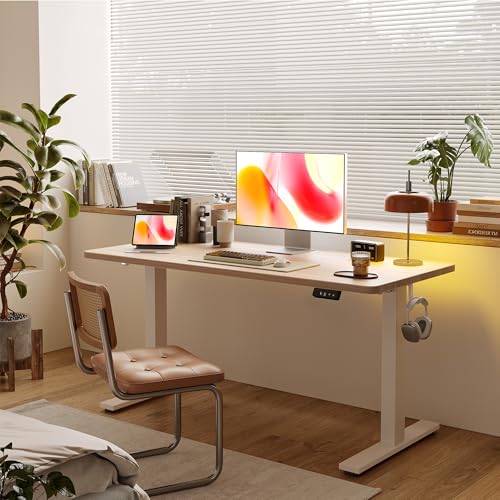 TIQLAB Electric Standing Desk, Adjustable Height Stand up Desk, 63 * 24 Inches Sit Stand Home Office Table with Splice Board, Light Walnut - color: Light Walnut, size: 63*24 inch