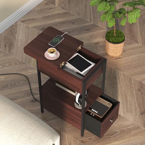 SOOWERY End Table with Charging Station, Narrow Side Table with Flip Top Cabinet and Fabric Drawer, Nightstand Bedside Tables for Small Spaces, Bedroom, Living Room, Dark Cherry - color: Dark Cherry