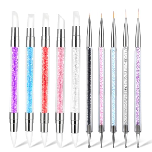 10Pcs Nail Art Sculpture Pen, Dual Tipped Silicone Nail Tools, Nail Art Tools, DIY Brush Dotting Tools Kit for Design Nail Foil Carving Drawing and 3D Effect Shaping Drawing Dotting Tools - color: Pink, Purple, Orange, White, Blue