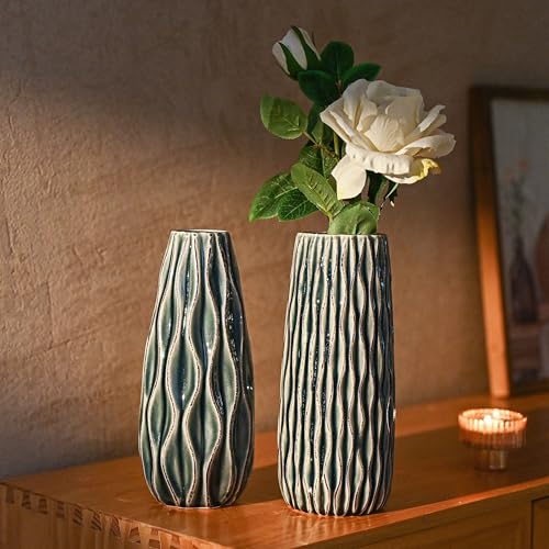 VICTOR & TERESA Ceramic Vase for Flowers, 10'' Set of 2 Decorative Blue Vases for Home Decor, Farmhouse Vases for Pampas Grass, Table, Mantel, Living Room, Shelf, Centerpieces, Gifts for Mom - color: Blue, size: Large