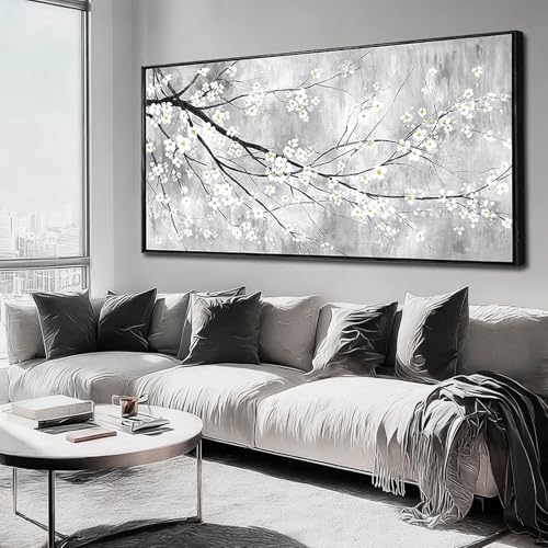 WINKAILIN Large 29"x58" White Black and Gold Plum Blossom Canvas Black Frame Wall Art Minimalist Flower Poster Decorative Artwork for Living Room Bedroom Office Kitchen Walls - color: Black and White, size: 58"L x 29"W
