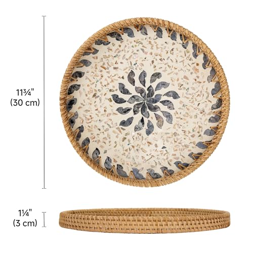 StorageWorks Decorative Coffee Table Trays for Home Decor, Round Rattan Tray with Mother of Pearl Inlay, Small Wicker Woven Serving Tray Decor for Kitchen Counter, Living Room and Ottoman, Blue - color: Blue Petal, size: 11.8"