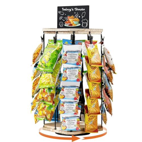 Pinzoveco Chip Rack Display Stand, 5 Tiers 40 Clips Snack Organizer for Office Desk, 360° Rotating Wooden Base Chip Holder Candy Display for Concession Stand, Countertop, Party, With Message Board - color: Rustic Brown