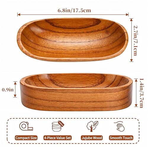 Mechi 4 Pack Decorative Oval Wood Bowl, 7 Inch Long Handcrafted Wooden Boat Bowl, Small Entryway Catchall Tray Holder for Snack, Sauce, Jewelry, Ring, Key, Remote, Home Decor, Table Centerpiece