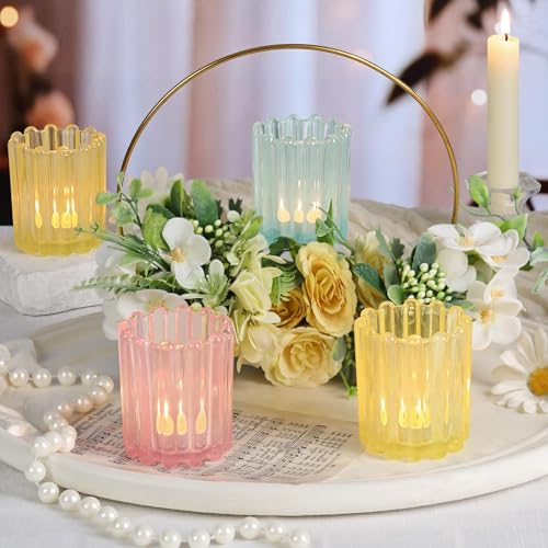 HAVITI Glass Pink Votive Candle Holder, Blue Baby Shower Ribbed Frosted Votive Candle Holders Set of 12, Mixed Color Tealight Candle Holder for Wedding Centerpieces Dinner Party Table Decor - color: Pink&blue&yellow