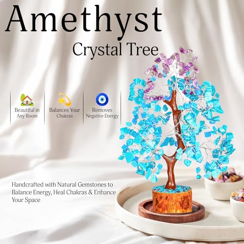 YATSKIA Turquoise and Amethyst Crystal Tree of Life - Gemstones and Crystals - Crystal Decor - Good Luck Gifts - color: Turquoise and Amethyst Silver Wire