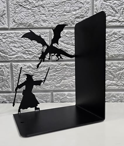 Decorative bookends for Shelves, 7 Inch Tall Heavy Metal Bookends, Unique Bookends, Non Skid Book Ends, Book Stopper for Home/Office Decor/Shelves, Wizard and Dragon Design, Black, 3lb