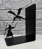 Decorative bookends for Shelves, 7 Inch Tall Heavy Metal Bookends, Unique Bookends, Non Skid Book Ends, Book Stopper for Home/Office Decor/Shelves, Wizard and Dragon Design, Black, 3lb