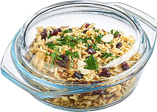 Glass Casserole Dish, Clear Glass Round Casserole Dish with Lid and Handles, 1 Quart Covered Bowl for Cooking, Baking, Serving, Microwave, Dishwasher, and Oven Safe Cookware