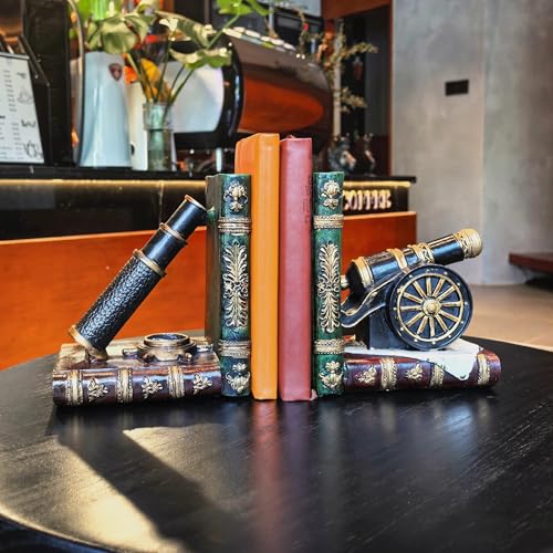 Brown Nostalgic Nautical Bookend Telescope Book Supports Anti-Slip Base Resin (Set of 2) Book Ends to Hold Books Nautical Enthusiast Home Office Shelf Bookcase Decor Gift