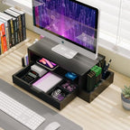 Simple Trending Monitor Stand Riser and Computer Wood Desk Organizer with Drawer and Pen Holder for Laptop, Computer, iMac, Black