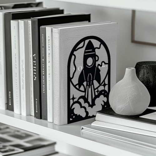 Peacoblue Metal Bookends for Shelves, Modern Decorative Heavy Duty Study Book Support Stoppers for Office, Desk, Shelf, Room 5.3"x4.3"x7.9" Cast Iron Simple Tall Bookends, 1 Pair (Rocket) - style: Rocket