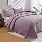 JYHOPE Grayish Purple Twin Quilt Set 68x90 Lightweight Microfabric Bedspread, 3-Piece Quilt Bedding with Pillow Shams, Summer Cooling Quilts, Ribbon Wrapped Gift - color: Leaf Pattern-grayish Purple, size: Twin(68x90)