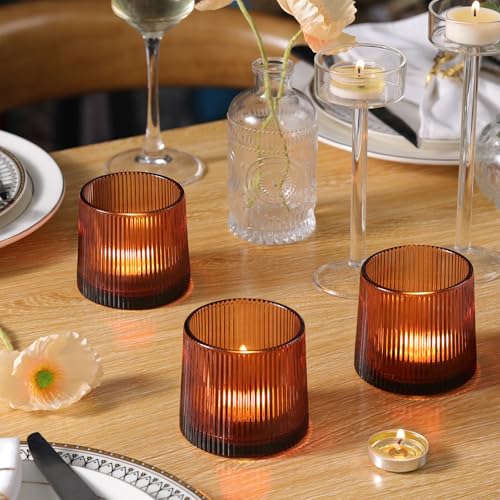 Amber Ribbed Tealight Votive Candle Holders- 6Pack Glass Candle Holders for Table Centerpiece, Home Decor, Wedding Decor, Party Dinner - color: Amber, size: 6Pcs