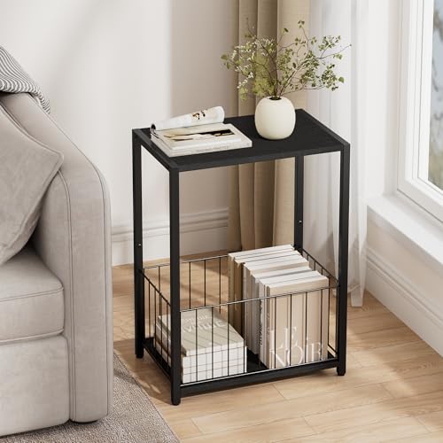 Homleke Side Table with Magazine Holder, Record Player Stand with LP Shelf, End Table for Living Room, Bedroom, or Bedside, Easy Assembly, 11" D x 16.9" W x 23.6" H, Black - color: Black - Large