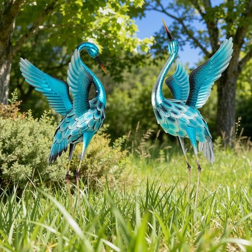 Extra-Large Blue Heron Decor, Handcrafted 47.5" Metal Crane Statue with Stable U-Ground Stakes, Backyard Decoration, Metal Garden Bird Animal Yard Art, Lawn Ornament Decor - color: 47.5" -Glossy Turquoise